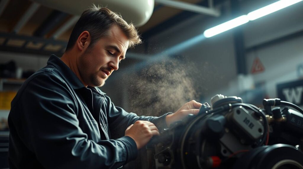 A mechanic gracefully repairing an RV engine in a clean garage, volumetric lighting with visible light beams through dust motes, realistic workshop lighting, focused expression, refined features