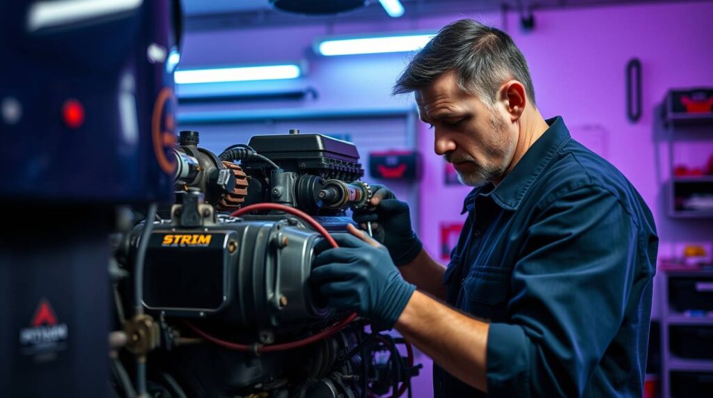 A mechanic intensely repairing an RV engine in a clean garage, using tools, vivid ultraviolet hues, harsh lighting, strong shadows, high contrast, focused expression, realistic workshop lighting