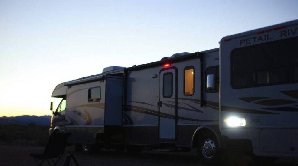 Cinematic image for Denver Metro RV Repair website about us page gallery. Film-like composition and lighting, soft light just after sunrise or before sunset. No text