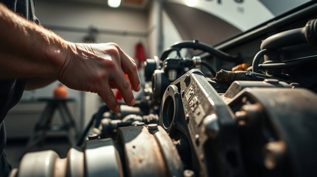 Extreme macro close-up of a mechanic’s hands repairing an RV engine in a clean garage under strong, hard light. Direct harsh shadows emphasize small subject details, focus on intricate textures