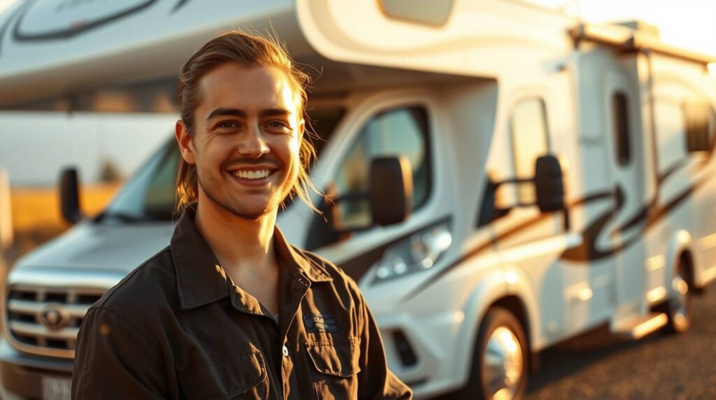 Warm golden glow graceful and elegant RV technician with refined features, radiant and luxurious appearance, smiling, beside a clean RV and service van
